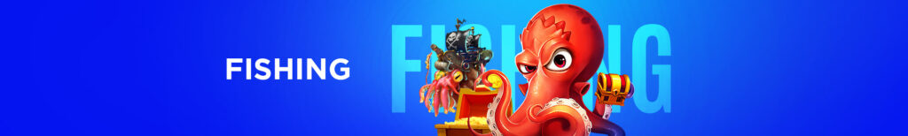MWIN8 Fishing game banner featuring a giant red octopus holding treasure and a pirate ship in the background.