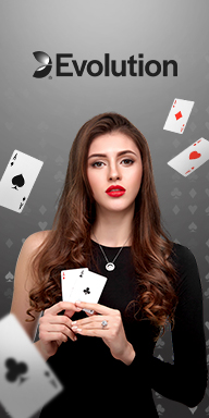MWIN8 Evolution Live Casino banner featuring a female dealer holding cards with floating playing cards on a gray background.