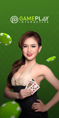 MWIN8 Gameplay Interactive live casino banner featuring a smiling female dealer holding playing cards, with floating poker chips on a green background.