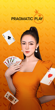MWIN8 Pragmatic Play Live Casino banner with a female dealer in orange dress holding playing cards, set against an orange background with floating cards.