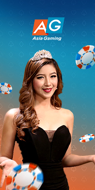 MWIN8 Asia Gaming Live Casino banner featuring a smiling female dealer in a black dress with a tiara, surrounded by floating casino chips on a blue-orange gradient background.