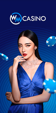 MWIN8 WM Casino live casino banner featuring a stylish female dealer in a royal blue dress, surrounded by floating poker chips on a dark blue futuristic background.