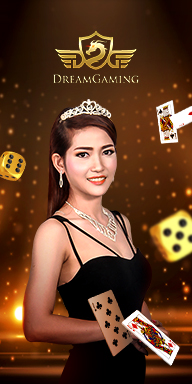 MWIN8 Dream Gaming live casino banner with a smiling female dealer in a black dress and tiara, surrounded by playing cards and golden dice on a radiant gold background.