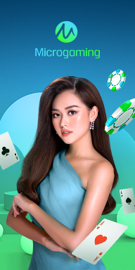 MWIN8 Microgaming live casino banner featuring an elegant female dealer in a turquoise dress, surrounded by floating cards and poker chips on a modern blue-green background.