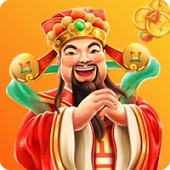 Smiling God of Wealth character in traditional Chinese attire holding gold coins on a bright orange background.