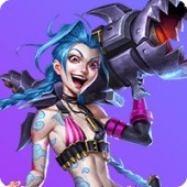 Animated female esports character with blue braided hair holding a massive rocket launcher, standing against a purple background.