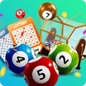 Colorful lottery balls with numbers, lottery tickets, and a draw machine against a bright background.