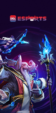 MWIN8 IM Esports banner with fantasy game characters and glowing magical effects.