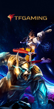 MWIN8 TF Gaming banner featuring a futuristic warrior and a powerful armored beast in a cosmic battleground.