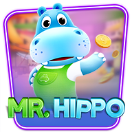Mr. Hippo slot game featuring a cheerful blue hippo character tossing golden coins.
