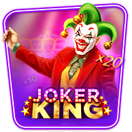 Joker King slot game featuring a smiling jester in a green and red outfit with golden bells.