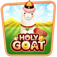 Holy Goat slot game featuring a cheerful white goat in traditional attire with golden treasures.