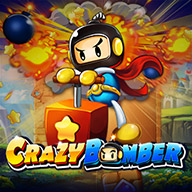 Crazy Bomber slot game featuring a cartoon-style bomber character with explosions in the background.