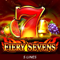 Fiery Sevens slot game with blazing red 7 symbol, fruits, and classic slot icons.