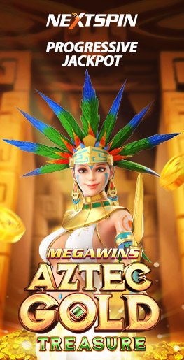 Nextspin Aztec Gold Treasure slot with Aztec queen, golden coins, and progressive jackpot.