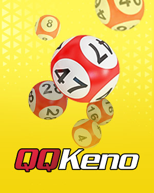 QQKeno lottery balls with numbers floating against a bright yellow background.