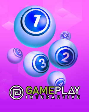 Gameplay Interactive lottery balls with numbers on a vibrant purple background.