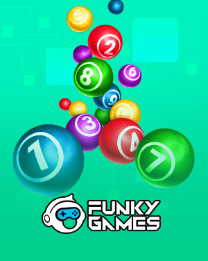 Colorful numbered lottery balls from Funky Games on a teal background.