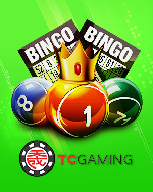 TC Gaming lottery and bingo balls with a crown and bingo cards on a green background.