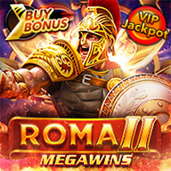 Roma II Megawins slot featuring a fierce Roman warrior with golden armor, shield, and jackpot bonuses.