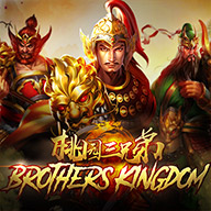 Brothers Kingdom slot game featuring three legendary warriors in battle armor with a golden fiery backdrop.