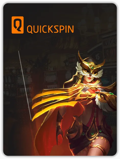 MWIN8 Quickspin slots provider promotional image featuring a fierce female warrior in golden armor, symbolizing exciting and action-packed slot adventures.