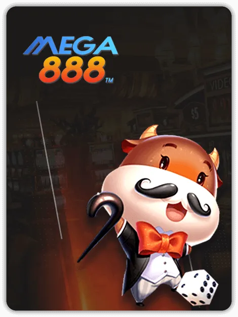 Mega888 slots provider promotional image featuring a cheerful cartoon character with a mustache, bow tie, and dice, representing fun and rewarding slot gameplay.