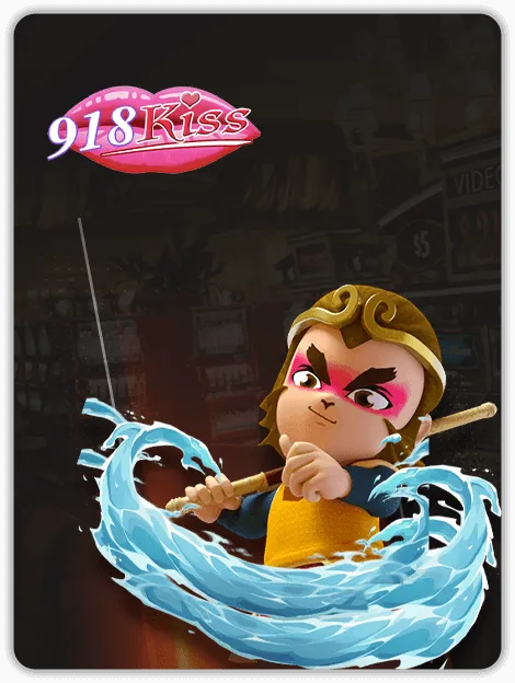 918Kiss slots provider promotional image featuring a cartoon warrior character wielding a staff with water effects, symbolizing adventure and excitement in slot gaming.