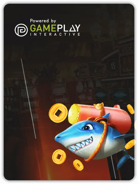 MWIN8 Gameplay Interactive slots provider promotional image featuring a playful shark with gold coins, symbolizing exciting casino slot action.