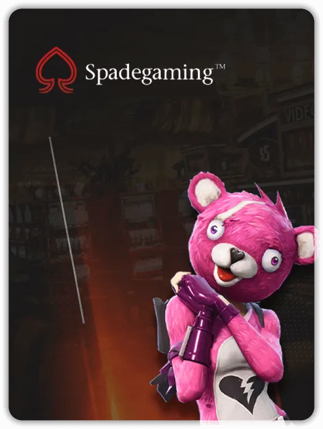 MWIN8 Spadegaming fishing game banner featuring a playful pink bear character holding a weapon, ready for action.