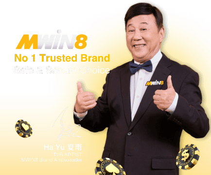 MWIN8 brand ambassador Ha Yu giving thumbs up, promoting MWIN8 as the No. 1 trusted online gaming brand.