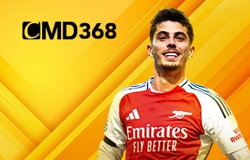 CMD368 sportsbook promotion featuring a football player, Kai Havertz, in an Arsenal jersey.