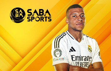SABA Sports sportsbook promotion featuring a Real Madrid player in a white jersey.