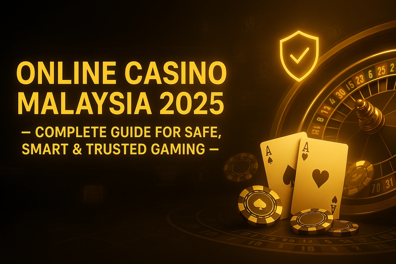Premium golden-black casino banner showing roulette wheel, poker chips, and cards for “Online Casino Malaysia 2025” guide.