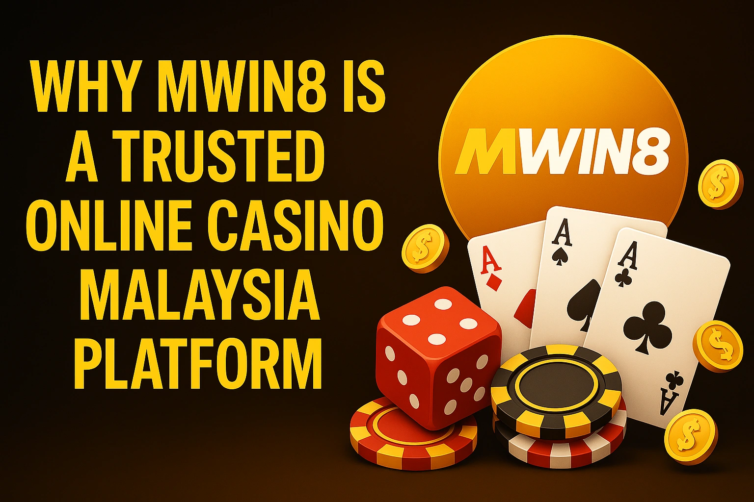 MWIN8 logo with cards, chips, and dice highlighting why MWIN8 is a trusted online casino in Malaysia.