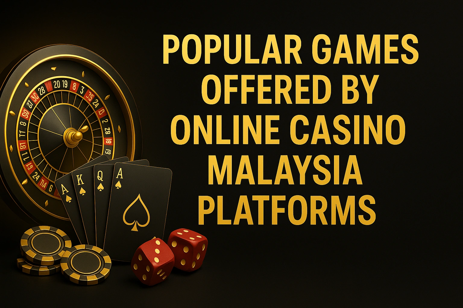 Golden-black casino game banner showing slot machine, roulette, and poker cards representing popular Malaysia casino games.