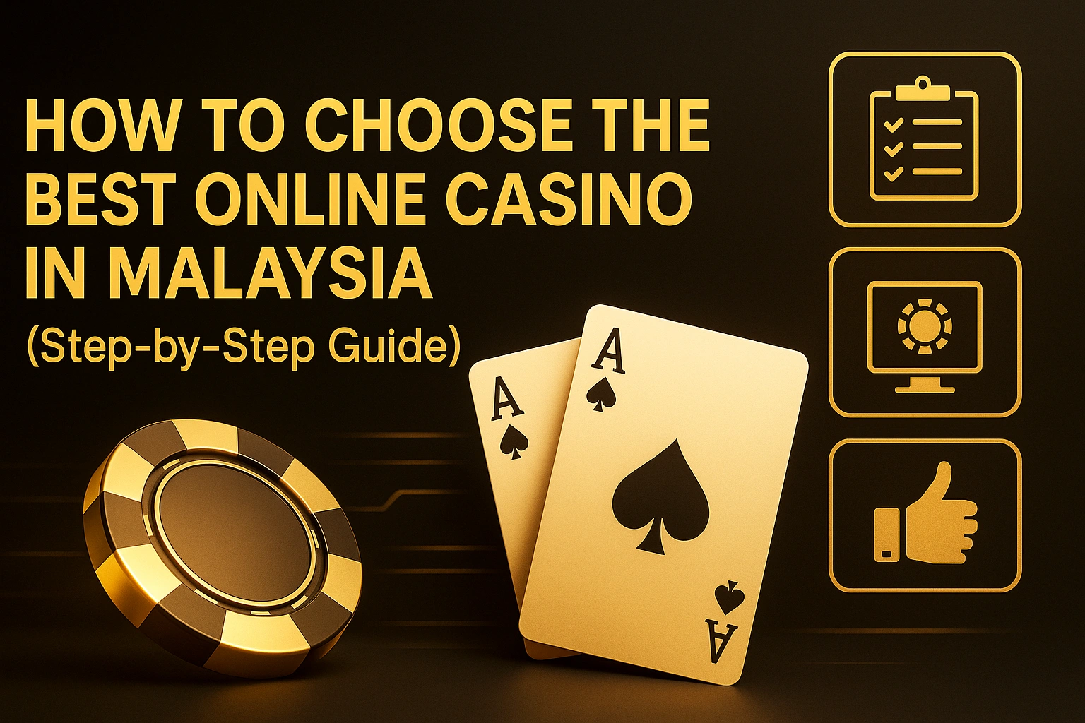 Checklist-themed casino banner with cards and chips showing steps to choose the best online casino in Malaysia.