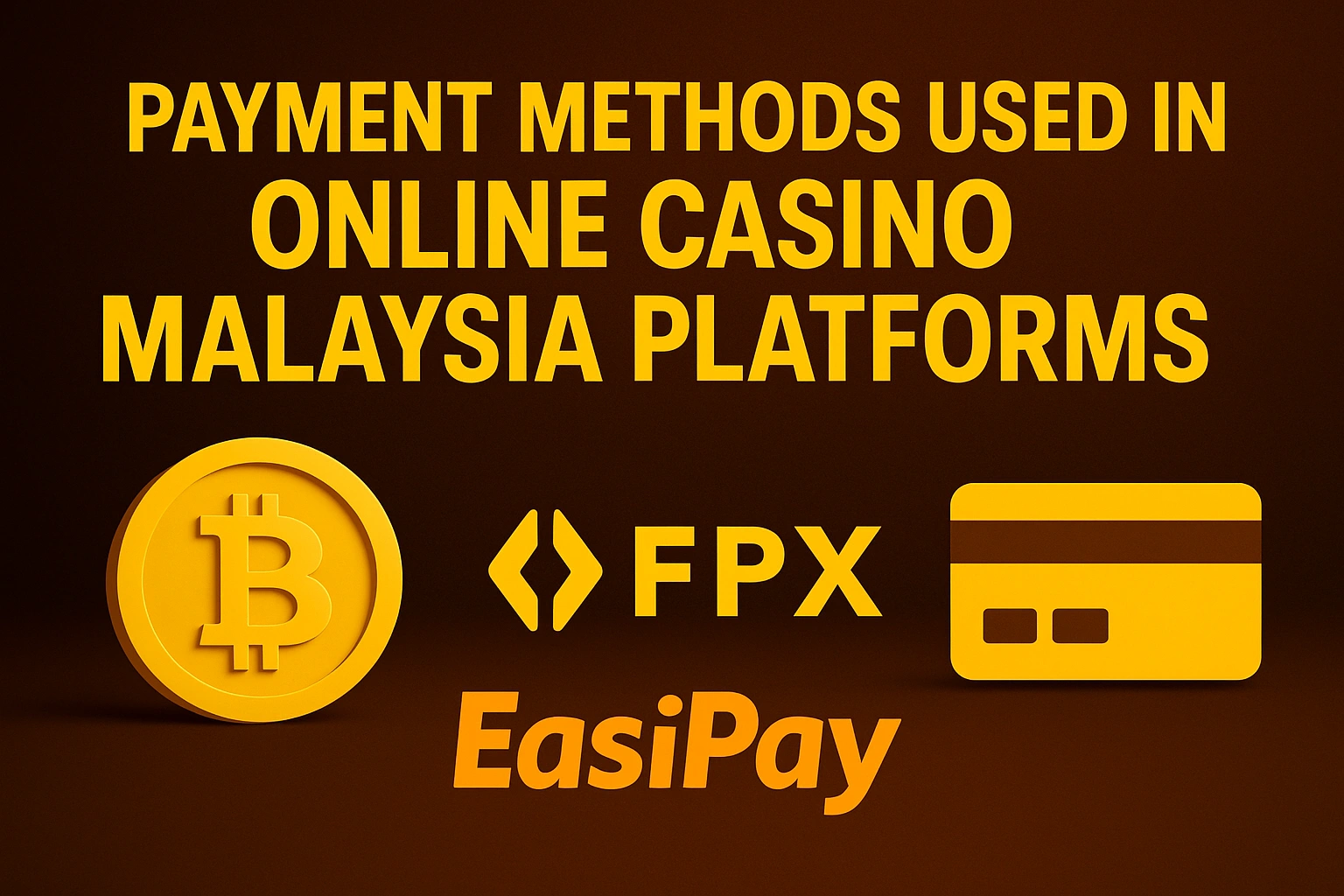 Golden icons of Bitcoin, FPX, EasiPay, and credit card representing Malaysia online casino payment methods.