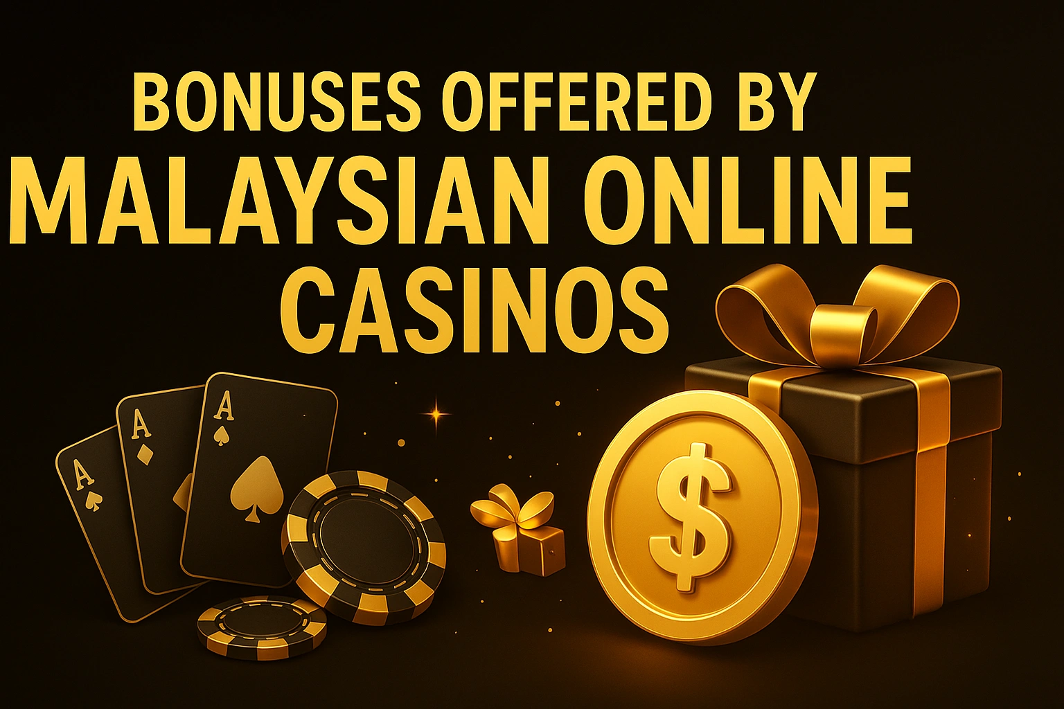 Golden casino bonus banner featuring gift box, chips, and coins for Malaysian online casino promotions.